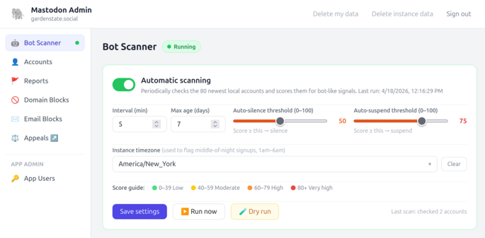 the UI for my mastodon admin tool.