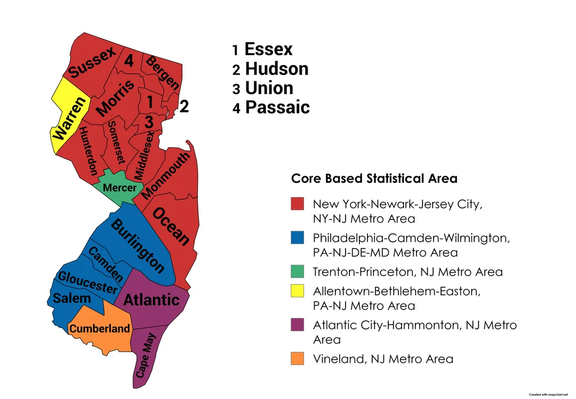  Inspired by a recent post referring to the "NJ metro area", this map shows to which Core Based Statistical Areas (all Metropolitan Statistical Areas [MSAs] in this case) the counties of New Jersey belong, as defined by the US Office of Management and Budget (OMB). We can argue about whether or not we like belonging to one metro area or argue over the criteria used to determine the assignments... but the definitions themselves aren't really up for debate.

Core Based Statistical Areas (CBSAs) a…
