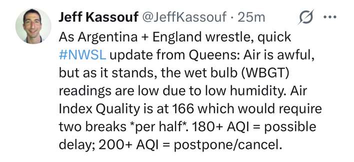 & Jeff Kassouf @JeffKassouf - 25m (A ooo

As Argentina + England wrestle, quick
#NWSL update from Queens: Air is awful,
but as it stands, the wet bulb (WBGT)
readings are low due to low humidity. Air
Index Quality is at 166 which would require
two breaks “per half*. 180+ AQI = possible
delay; 200+ AQI = postpone/cancel.
