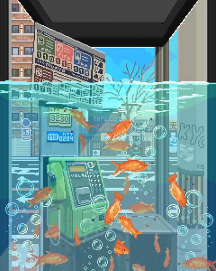 pixel art of fish in a water filled telephone booth.