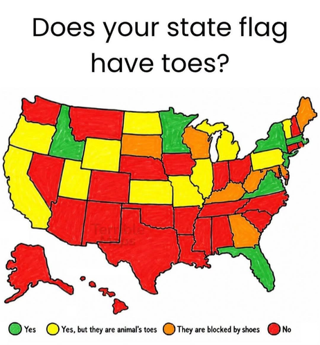 Map of USA where each state is colored if the state flag has toes in it. New Jersey does!